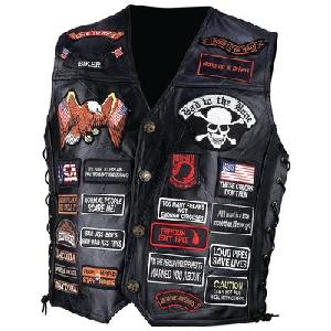 DIAMOND PLATE ROCK DESIGN GENUINE BUFFALO LEATHER BIKER VEST WITH 41 PATCHES